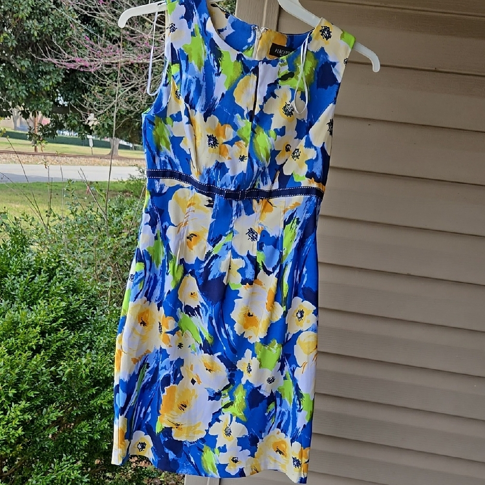 Floral Sleeveless Dress - Blue and Yellow